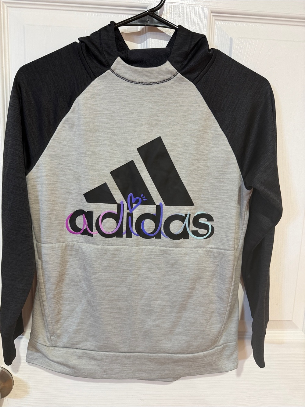 adidas Girls Event Melange Fleece Pullover Hoodie-Gray & Black RegIan Size Lg/14